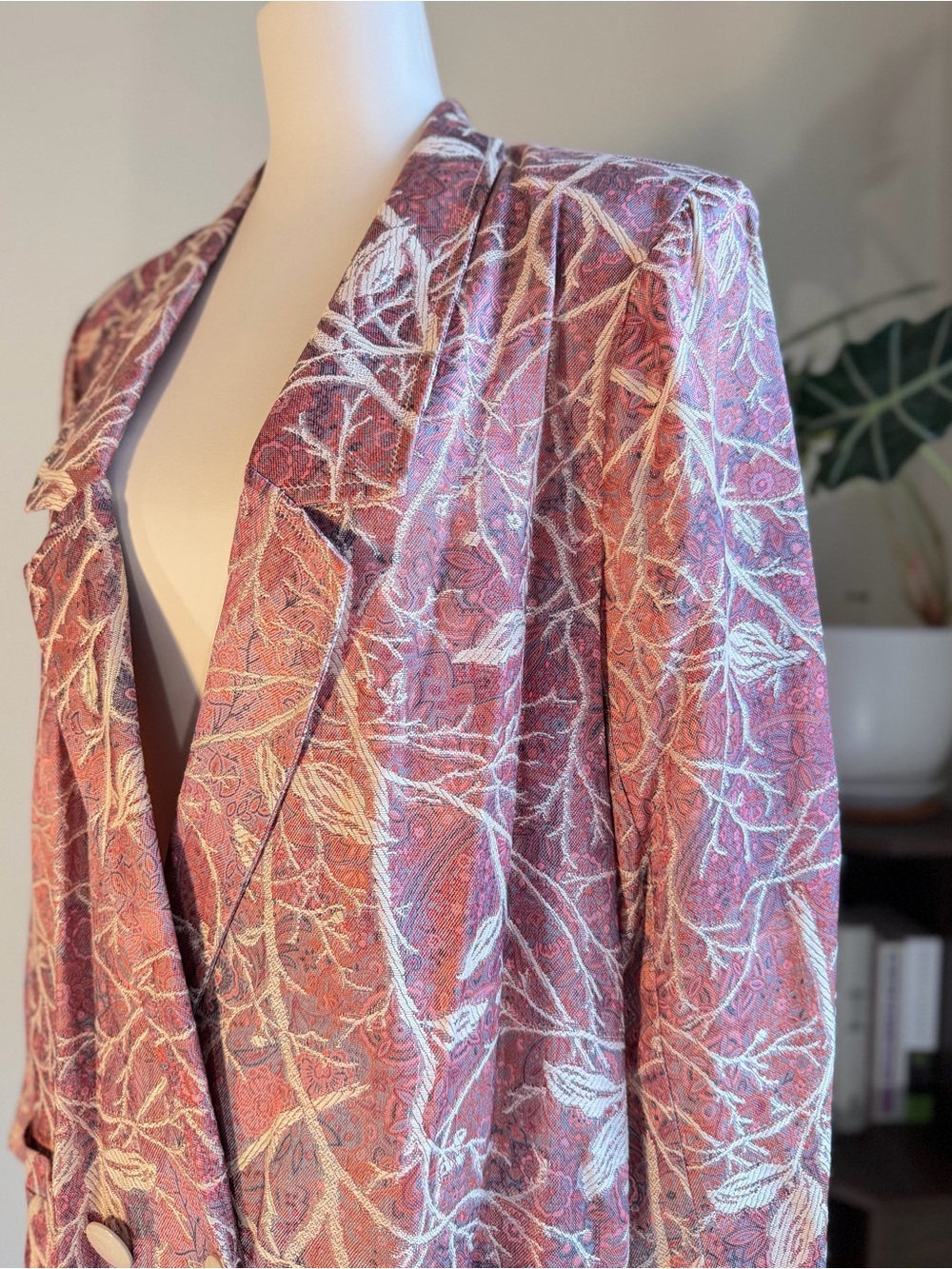 Vintage Floral Brocade Double Breasted Jacket Blazer L Pink Metallic 90s - Picture 3 of 11